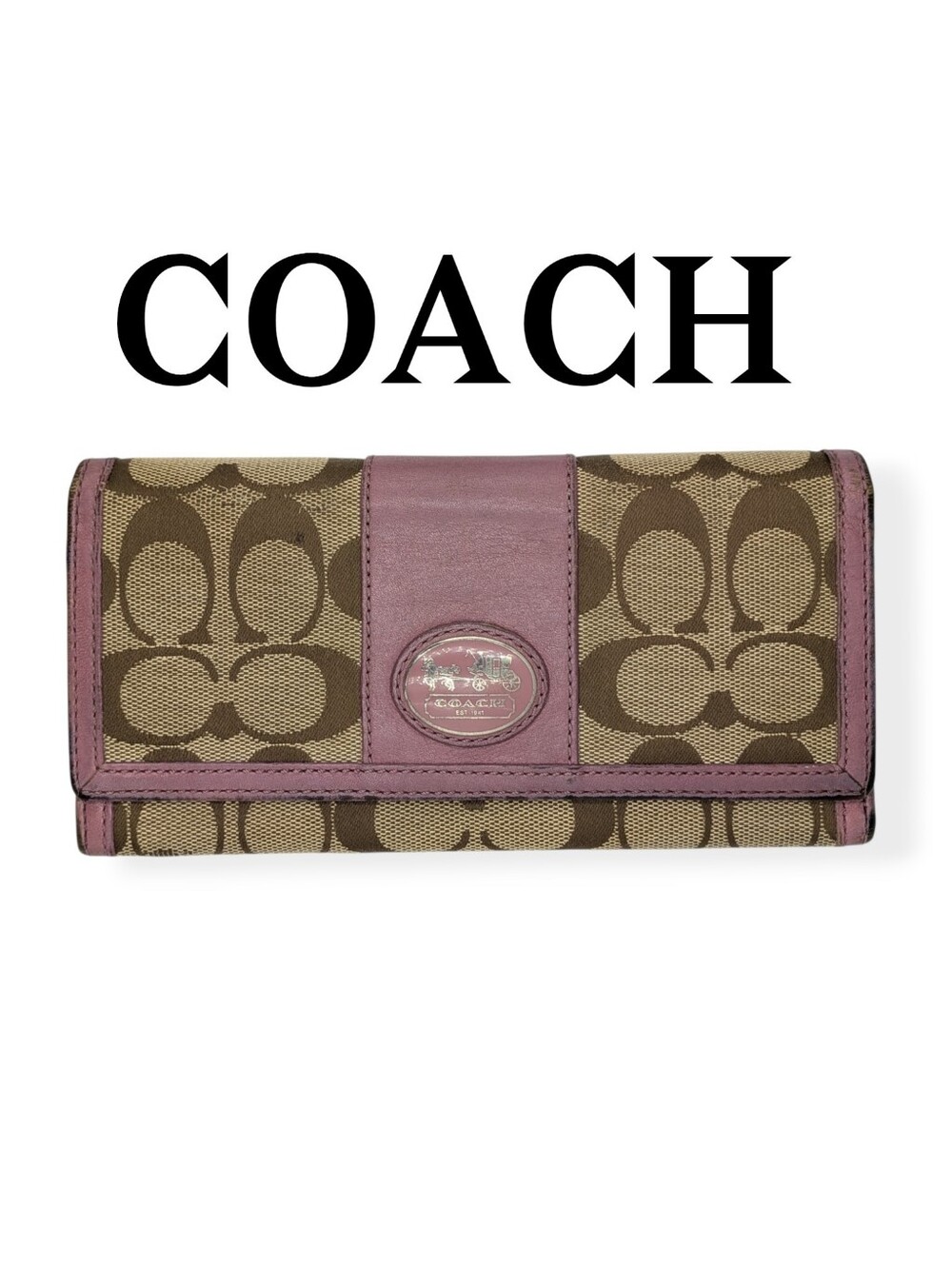 Coach Signature Wallet Khaki Mauve Pink Jacquard Canvas Leather Trim Folding